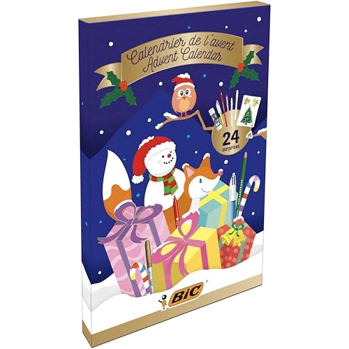 BIC Calendario dell'Avvento, Penne a Sfera, Matite Colorate, Pennarelli, Evidenziatori, Colori Assortiti, Set Cancelleria 24 Articoli, Idea Regalo di Natale, Bambini e Adulti