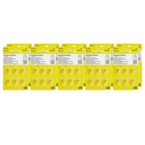 Offerta a tempo: Amazon Basics Confezione da 60 batterie zinco-aria per apparecchi acustici, misura 10, 1,45 Volt, linguetta gialla, durata 4 anni, Confezione Sicura per Bambini (Usare le Forbici per Aprire) - 39% da 11.40 € a 6.90 €