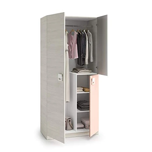 Habitdesign 0M7448Y – Children's wardrobe, White Alps, Grey and Pastel Pink, Stockings 90 x 200 x 52 cm