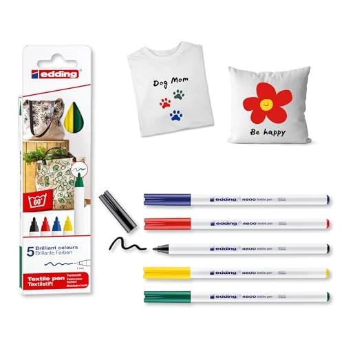 Offre limitee: edding 4600 Feutre pour textiles - noir, rouge, bleu, vert, jaune - 5 pièces - pointe ronde de 1 mm - feutre textile lavable en machine (60 °C) pour décorer le tissu - marqueur textile de 7.79 EUR a 5.55 EUR (economie 29%)