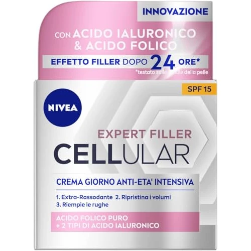NIVEA CELLULAR EXPERT FILLER Crema Giorno Anti-Età Intensiva SPF 15 50ml, Crema viso antirughe rassodante, Crema viso Acido Ialuronico e Acido Folico Puro, Crema idratante viso anti-age