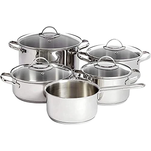 Amazon Basics Juego de Ollas de Inducción de Acero Inoxidable - 9 Piezas, con Tapas, Plateado