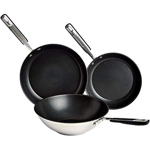 Offre limitée : Amazon Basics Ensemble de 3 Poêles à Frire à Induction - Antiadhésif, Acier Inoxydable, avec Poignée au Toucher Doux, 24/28/28 cm de 48.80 € à 36.61 € (25% de remise)