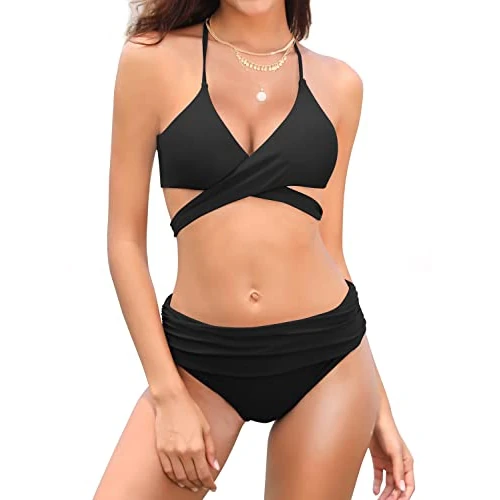 Offerta a tempo: SHEKINI Costumi da Bagno Donna Due Pezzi Halter Bandage Mare Spiaggia Estate Sexy Push up Imbottito Bikini Set e Slip Ruched a Vita Media Triangolo Bikini Bottom Beachwear (X-Large, Nero) - 45% da 26.95 € a 14.95 €