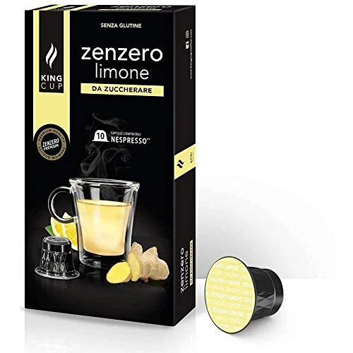 Offerta a tempo: King Cup - 1 Confezione da 10 Capsule di Zenzero e Limone da Zuccherare, 10 Capsule Compatibili con Sistema Nespresso, Bevanda al Gusto di Limone e Zenzero, Senza Glutine, Senza Lattosio - 0.00% da 6.69 € a 6.69 €