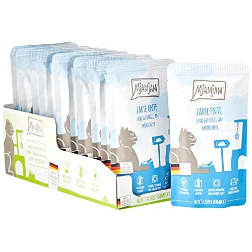 Tijdelijke aanbieding: MjAMjAM - premium natvoer voor katten - Quetschie - malse eend & gevogelte met heerlijke wortelen, pak van 12 (12 x 125 g), graanvrij met extra vlees van 20.98 EUR naar 20.98 EUR (korting 0%)