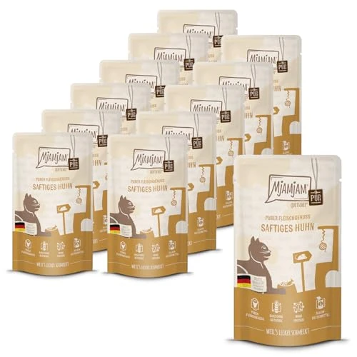 MjAMjAM - premium wet food for cats - Quetschie - juicy pure chicken, pack of 12 (12 x 125 g), grain-free with extra meat