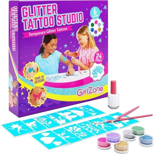 GirlZone Glitter Tattoo Kit - 33-piecelijke set met 24 sjablonen, 6 glitterpotjes, 2 borstels en lijm, Body Art & Glitter-tatoeages voor kinderen van 3-8 jaar