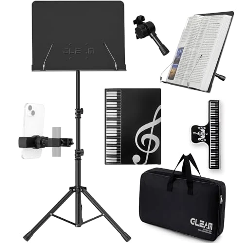 GLEAM Sheet Music Stand - Full Metal with Carrying Bag, Phone Holder, Sheet Music Folder and Clip, 5 in 1 Desktop Book Stand