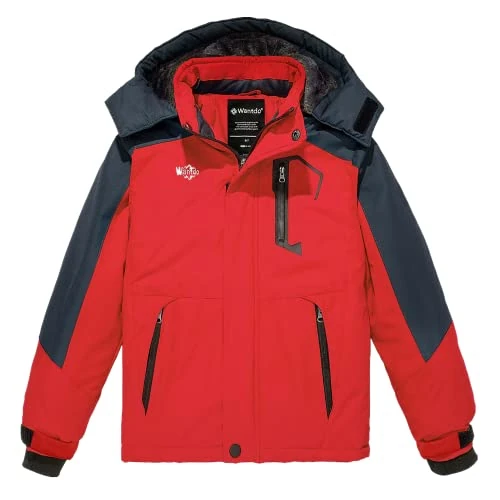 Wantdo Boy's Mountain Ski Jacket Warm Winter Coat with Fleece Hooded Waterproof Windbreaker Windproof Snowboarding Jacket Red 14-16