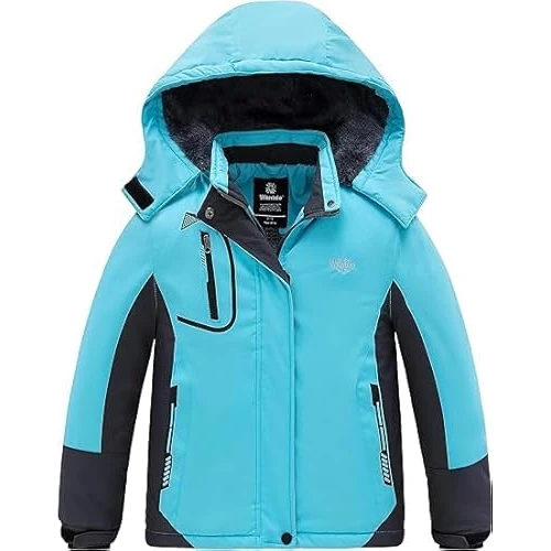 Wantdo Giacca da Snowboard Running Giaccone Sport Invernale Parka con Cappuccio Antivento Giacche da Running Impermeabile Bambina Azzurro Chiaro 152-158