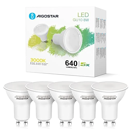 Limited-time offer: Aigostar GU10 LED Bulb Warm White 3000K, 8W Equivalent 88W, 640 Lumens, GU10 Base Spotlight, Wide Beam 100-120º, CRI ≥ 80, Pack of 5 Units with Box from 12.99 £ to 12.99 £ (save 0.00%)