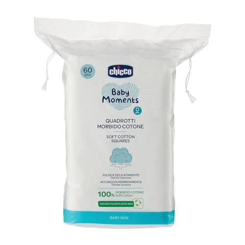 Chicco Baby Moments Quadrotti Soft Cotton, Gently Cleans and Strokes Softly, Baby Skin, White, 60 Pieces, 0+ Months