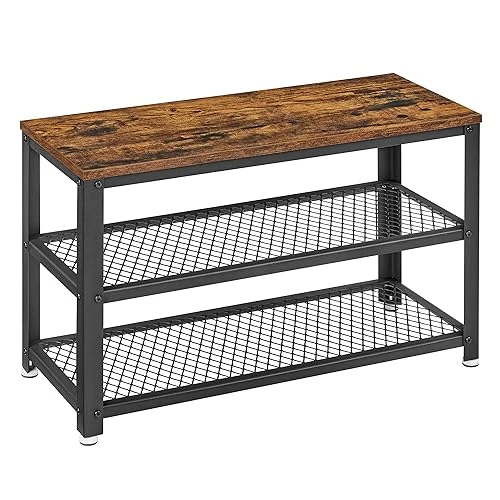 VASAGLE Banc à chaussures, Étagère de rangement à 2 niveaux, Organisateur, à chaussures, 73 x 30 x 45 cm, pour entrée, salon, cadre en acier, style industriel, Marron Rustique et Noir LBS73X