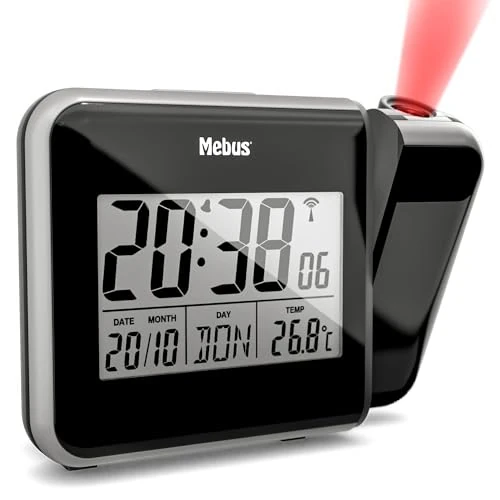 Tijdelijke aanbieding: Mebus digitale wekkerradio met tijdprojectie op wandplafond, incl. stekker, batterijvoeding mogelijk, continue projectie, draaibaar, thermometer/kleur: zwart/model: 42425 van 27.81 EUR naar 27.81 EUR (korting 0%)