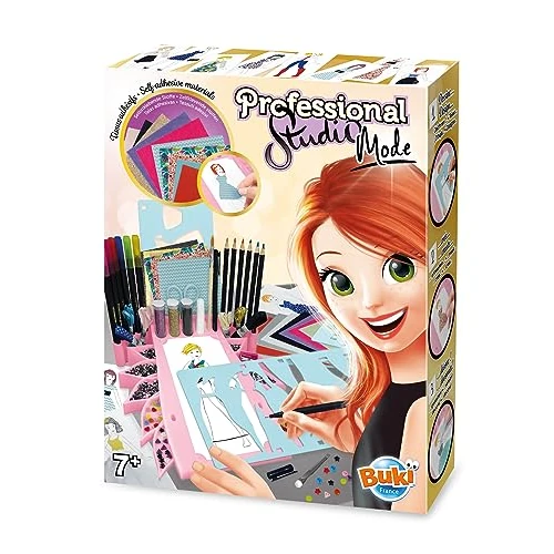 BUKI France 5408 - Kit professionale per creare e progettare abiti, include tessuto autoadesivo, piume, glitter, feltro, nastri, pennarelli, matite, forbici, adatto per bambini dai 7 anni in su