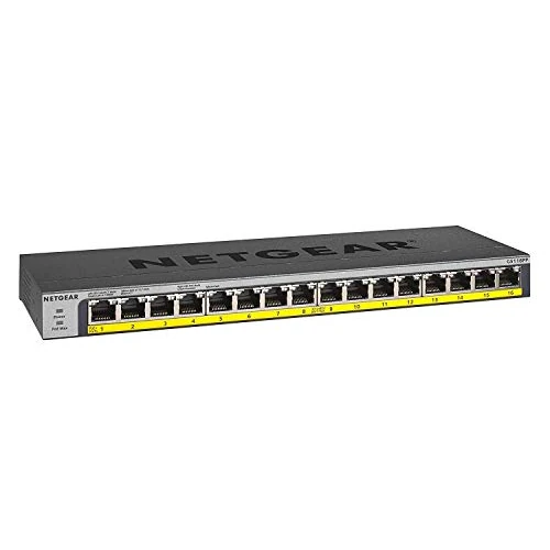 NETGEAR GS116PP PoE Switch 16 Port Gigabit Ethernet LAN Switch mit 16x PoE+ 183W (Plug-and-Play Netzwerk Switch PoE 16 Ports, lüfterlos, 19 Zoll Rack-Montage, ProSAFE Lifetime-Garantie), Schwarz