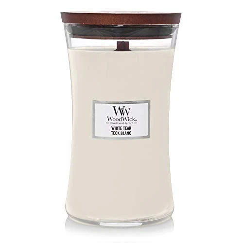 Tijdelijke aanbieding: WoodWick Large Hourglass-geurkaars met knapperende lont | White Teak | Tot wel 130 uur brandtijd van 38.90 EUR naar 30.99 EUR (korting 20%)