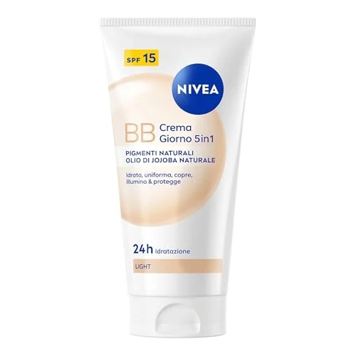 Offerta a tempo: NIVEA BB Crema Giorno 5in1 Light SPF 15 2 x 50 ml, Crema colorata viso idratante 24h, BB cream con Pigmenti Naturali e Olio di Jojoba, Skincare per toni di pelle chiari e tutti i tipi di pelle - 43% da 19.68 € a 11.22 €