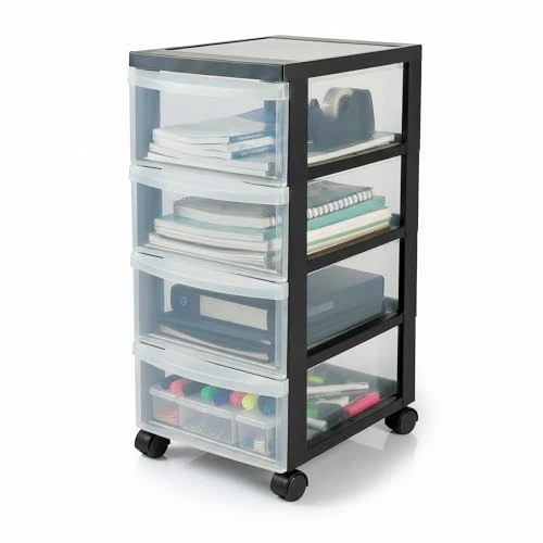 Oferta limitada: Iris Ohyama Unidad de almacenamiento de plástico con ruedas y 4 cajones superficiales, Negro, asas de fácil extracción, multiusos, A4, A5, para oficina, hogar, escuela, Torre, Organizador, DC-004 de 53.99 EUR a 53.99 EUR (ahorro 0%)