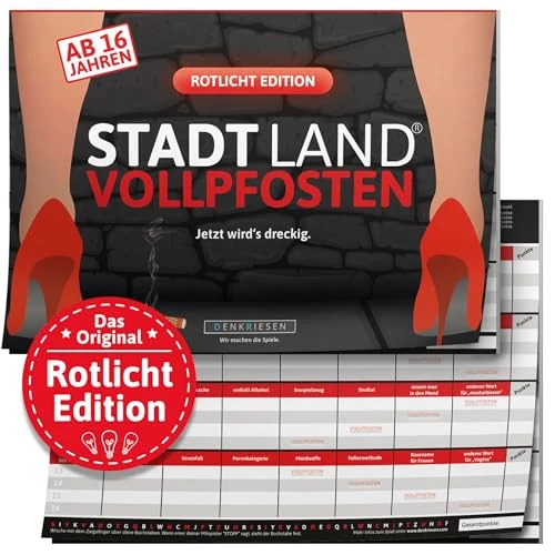 STADT LAND VOLLPFOSTEN® - ROTLICHT EDITION - AB 16 JAHREN: Dieser ultimative Spielblock im DIN A4 Format beinhaltet 50 Blatt. So ist für viele ausgiebige Spielabende mit Familie und Freunden gesorgt