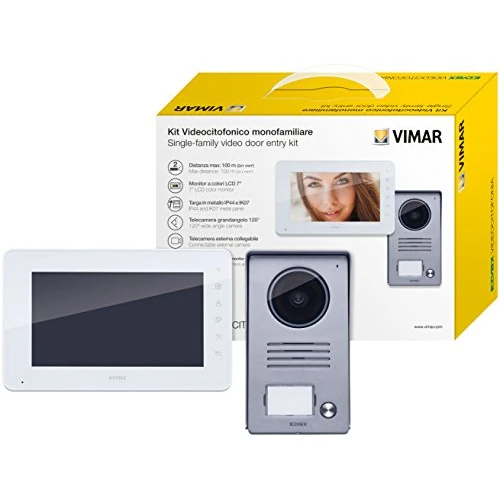 VIMAR K40910 Video Door Entry Kit for Single-Family with 7" Hands-Free Video Monitor, for Intercom System, Entry Panel with 1 Buttons, Power Supply, for Surface-Wall Installation
