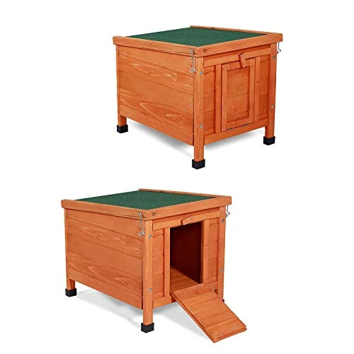 lionto Kaninchenstall aus Holz mit Zwei Eingängen, 43x43x52 cm, wasserabweisendes klappbares Bitumendach & Kunststofffüße, Hasenstall innen & draußen, Winterfest