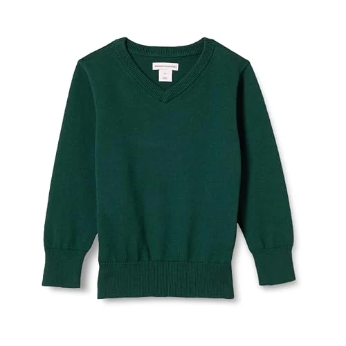 Amazon Essentials Suéter uniforme de algodón con cuello en V para niño, color verde oscuro jaspeado, talla L