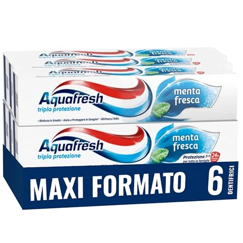 Offerta a tempo: Aquafresh Tripla Protezione, Dentifricio 3 in 1 per tutta la Famiglia, Denti Forti, Gengive Sane, Alito Fresco, Gusto Menta Fresca, Maxi Pacco 6 x75ml – 450ml - 37% da 6.36 € a 3.99 €