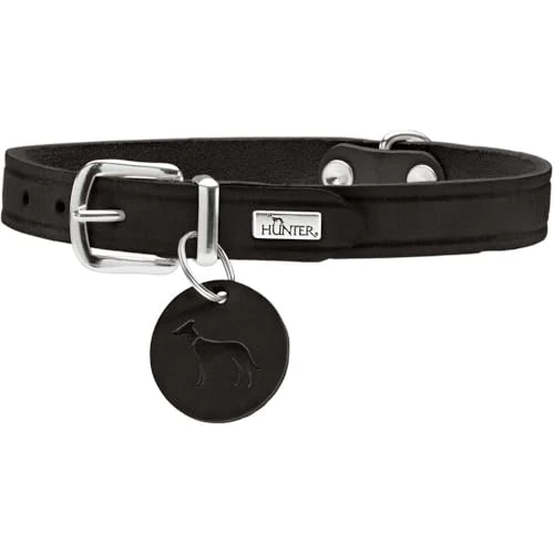 HUNTER Hundehalsband AALBORG, Farbe: schwarz, robustes & strapazierfähiges Leder, starke Fettung, ideal für Hundesport & Alltag, mit Lederanhänger, Made in Germany, Größe: 37