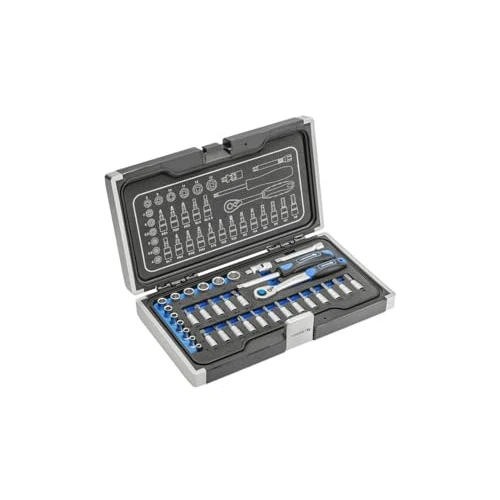 Offerta a tempo: Högert Technik - Cassetta Attrezzi, Set Attrezzi, Valigetta Attrezzi, Set Utensili, Chiavi a Bussola, Punte e Attrezzature 1/4", Meccanismo a Cricchetto con 72 Denti - HT1R464, 34 Pezzi - 0.00% da 53.14 € a 53.14 €