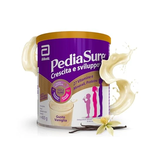 PEDIASURE Crescita e Sviluppo, Integratore Alimentare per Bambini da un anno in su, Multivitaminico con 27 Vitamine e Minerali e Proteine, Confezione 400g, gusto Vaniglia