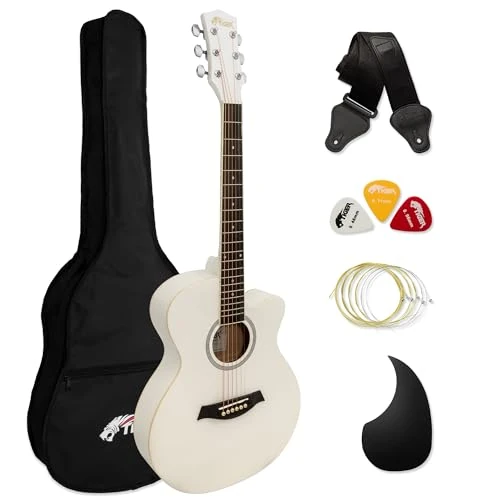 TIGER ACG1-WH Guitare acoustique Petit Corps avec cordes en acier pour débutants - Blanc