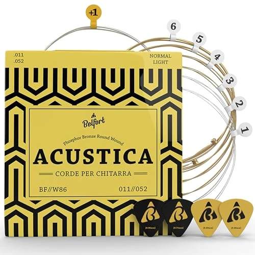 Belfort® Strings - Vincitore del test 2019 - Per chitarra folk & chitarra acustica - Bonus: ebook gratuito (italiano non garantito) + 4 plettri, corda bronzo fosforoso (confezione da 6 corde)