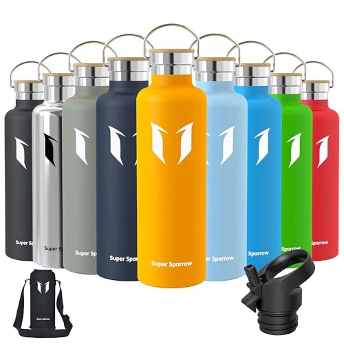 Limited offer: Super Sparrow Water Bottle Stainless Steel - 350ml/500ml/620ml/750ml/1L- Insulated Metal Water Bottles - Standard Mouth Flask - BPA Free - Straw Bottle for Work, Gym, Sports - 2 Lids from 22.95 EUR to 19.50 EUR (save 15%)