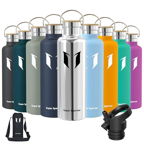 Super Sparrow Trinkflasche Edelstahl -1000ml- Auslaufsicher Thermoskanne, BPA-Frei Wasserflasche - Kohlensäure Thermosflasche für Kinder, Sprudel, Sport, Uni, Schule, Fitness, Outdoor, Camping