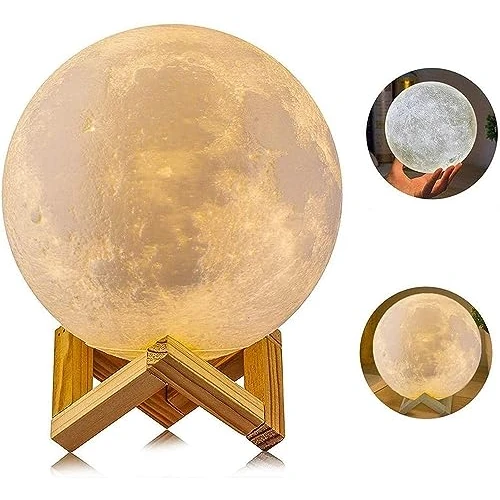 AGM 3D-maanlamp, 15 cm, 2 kleuren, USB-oplaadbaar, aanraaklamp, gevoelig nachtlampje met houten standaard, voor slaapkamer