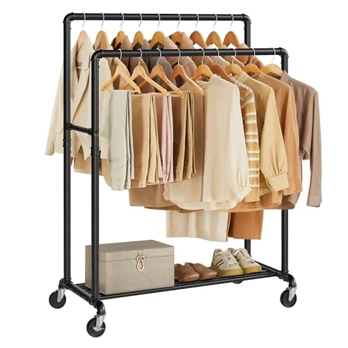 Offerta a tempo: SONGMICS Stand Appendiabiti a Doppia Barra, Struttura in Metallo, 59 x 100 x 162 cm, con Ripiano Portaoggetti e Rotelle, 2 Ruote con Freni, Portata fino a 110 kg, Nero HSR60B - 20% da 49.99 € a 39.99 €