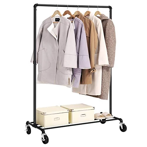 Limited-time offer: SONGMICS Heavy Duty Metal Clothes Rack on Wheels, Holds 90 kg, Industrial Design, Coat Stand with 1 Clothes Rail and Shelf, for Bedroom Laundry Room, Black HSR61BK from 31.43 GBP to 31.43 GBP (save 0%)
