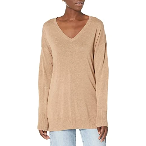 Amazon Essentials Pull Tunique Léger À Manches Longues Et Col En v (Disponible En Grande Taille) Femme, Fauve Chiné, XL