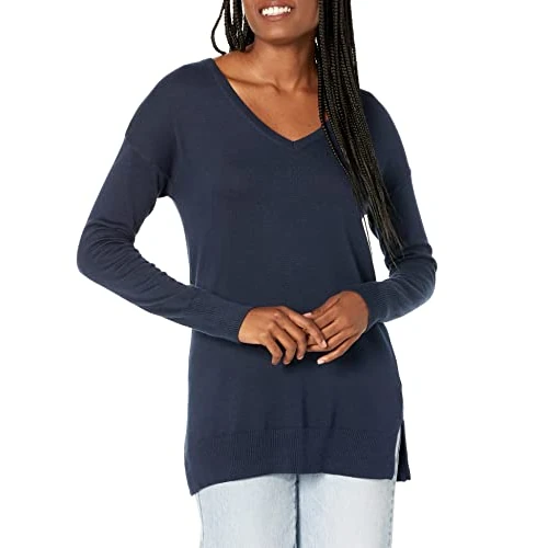 Amazon Essentials Women's Lekki sweter tunika z dekoltem w serek z długim rękawem (dostępny w wersji Plus Size), Granatowy, M