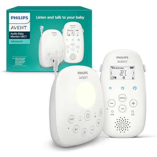 Offerta a tempo: Philips Avent DECT Audio Baby Monitor luce notturna e ninne nanne, comunicazione bidirezionale, portata di 330 m, autonomia wireless fino a 18 ore, sensore di temperatura, audio nitido, SCD713/26 - 38% da 129.99 € a 79.99 €