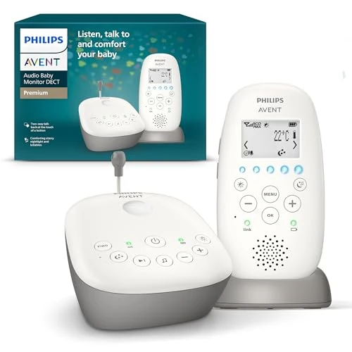 Philips Avent DECT - Écoute-bébé Audio avec veilleuse à Projection d'étoiles, berceuses, Conversation bidirectionnelle, portée de 330 m, autonomie de 24 h, Mode Nuit, modèle SCD733/26