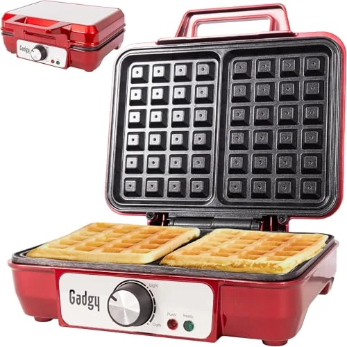 Gadgy® Piastra per Waffle alla Belga 1000W – Superficie Antiaderente – 2 Piastre da 23x16,8 cm – Temperatura Regolabile e Indicatori LED – Ideale per Feste e Dessert
