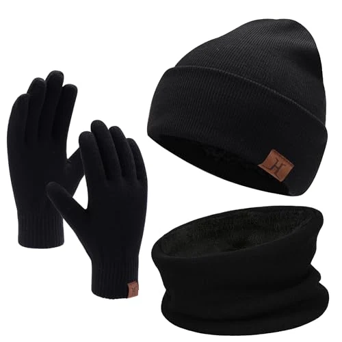 Bequemer Laden Wintermütze Herren Strickmütze, Rundschal, Touchscreen Handschuhe - Sets, Warme Handschuhe Winterschal und Mütze mit Fleecefutter, Schwarz, Einheitsgröße
