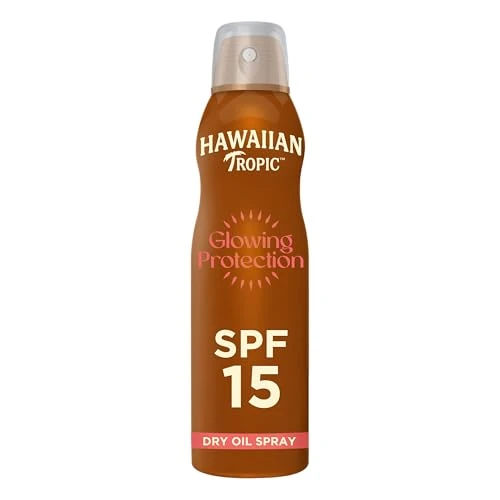 Hawaiian Tropic Brume huile sèche Glowing Protection, Résistante à l’eau, Protection SPF 15, UVA + UVB, Écran solaire en spray, Senteur tropicale, Huile solaire aux plantes des îles, 177 ml