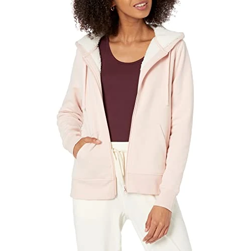 Amazon Essentials Damen Sherpa-gefütterte Fleece-Kapuzenjacke mit durchgehendem Reißverschluss (erhältlich in Übergröße), Hellrosa, L