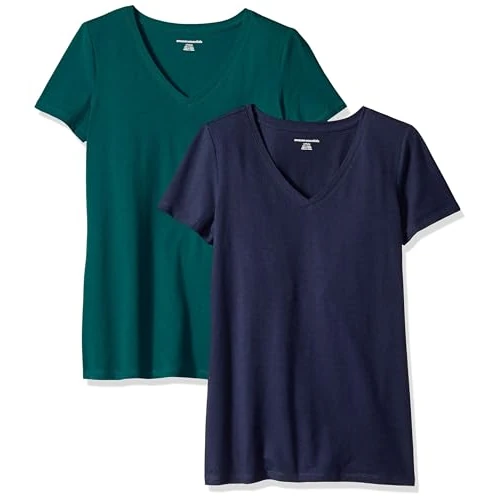 Offre limitée : Amazon Essentials T-Shirt à Manches Courtes, Coupe Standard (Ras-de-Cou et Col en V) Femme, Pack of 2, Vert Foncé/Bleu Marine, L de 26.40 € à 26.40 € (0.00% de remise)