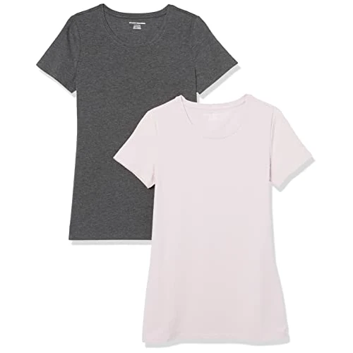 Amazon Essentials Women's Regular-Fit Short-Sleeve T-Shirt (Crewneck and V-Neck Options), Pack of 2, Charcoal Heather/Light Purple, XS
