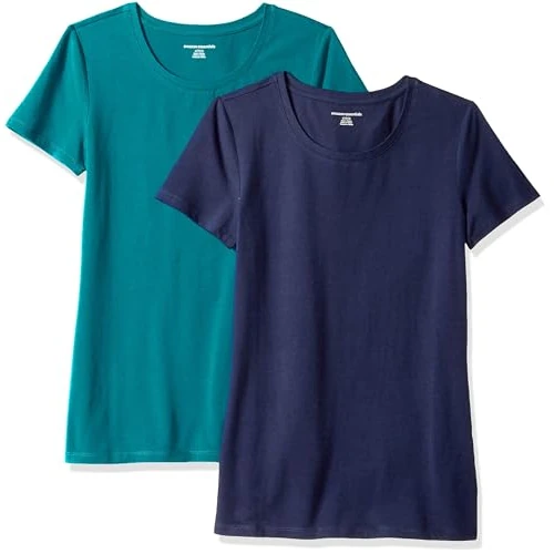 Amazon Essentials Damen Kurzärmliges Regular-Fit-T-Shirt (Varianten mit Rundhalsausschnitt und V-Ausschnitt), Pack of 2, Blaugrün/Marineblau, XXL